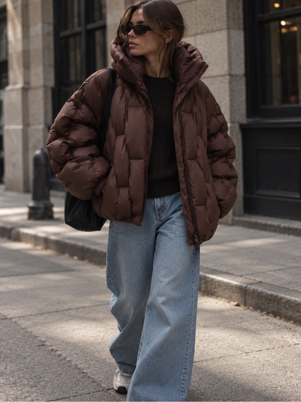 Women's Chocolate Brown Oversized Puffer Jacket with High Collar